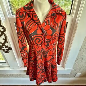 Vintage Eleanor Brenner Couture Orange & Black Mod Print Dress 1970s Size Small